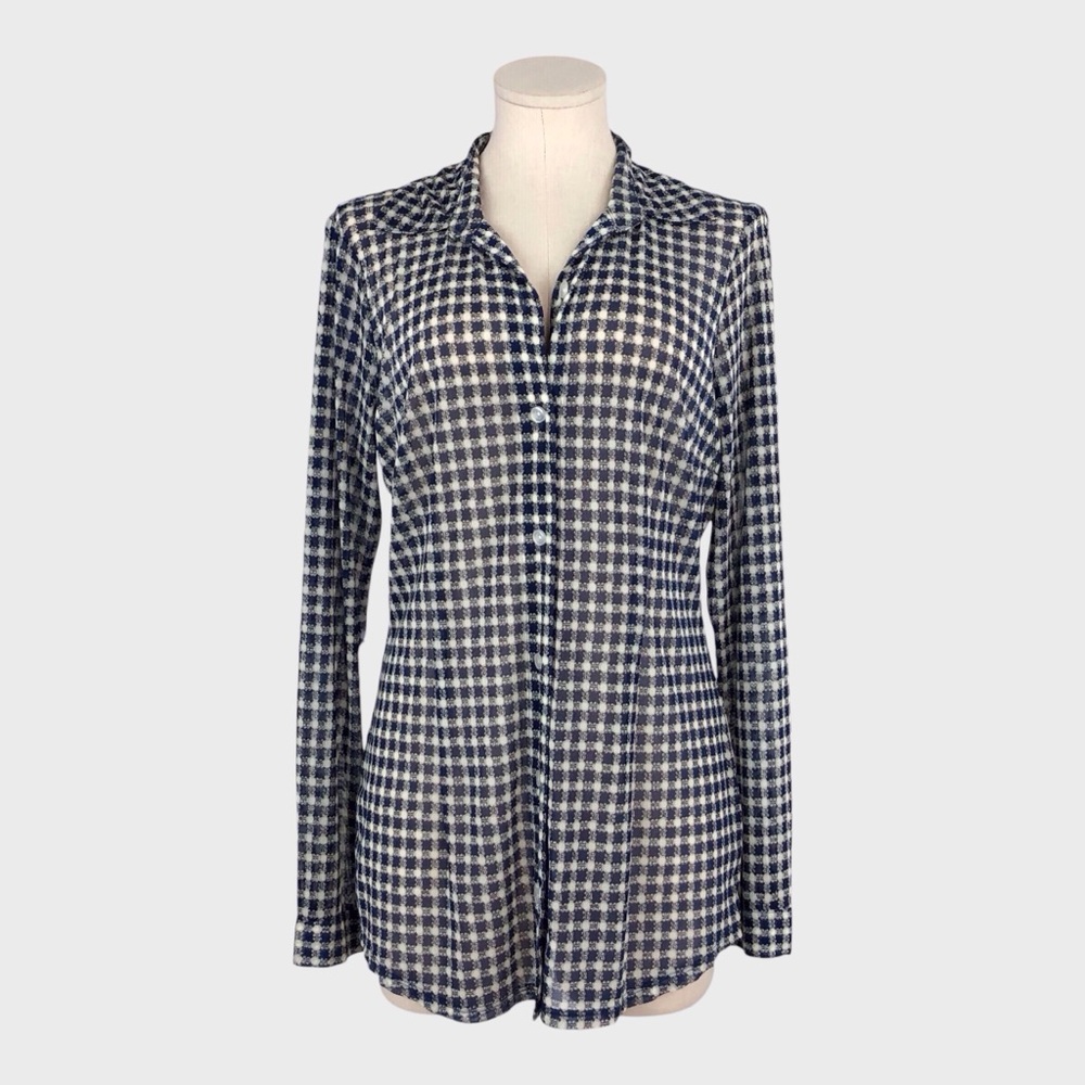 CAbi Semi Sheer Mesh Geometric Button‎ Down Top